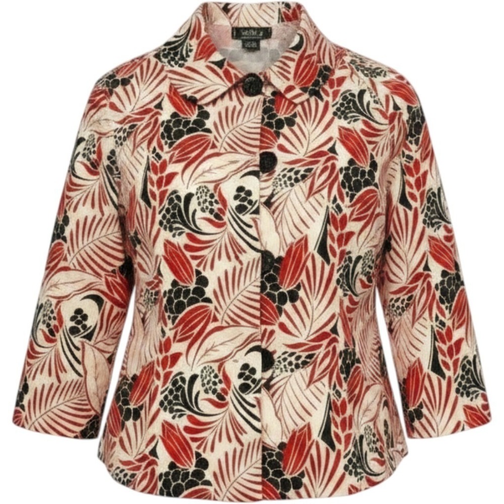Rikki J. New York Red Black Tropical Leaf Print Button Up Jacket Womens Size 12